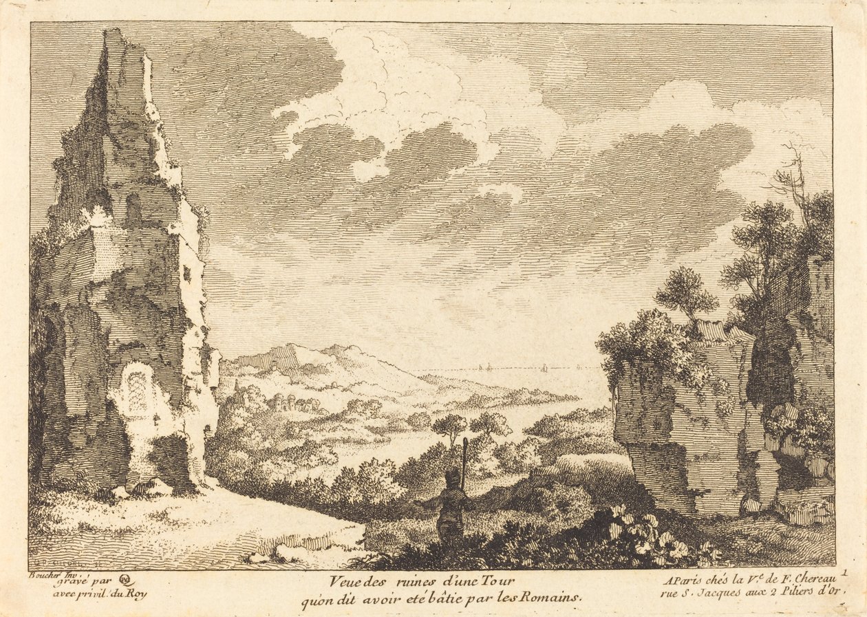 Ansicht der Ruinen eines Turms, der angeblich von den Römern erbaut wurde von Quentin Pierre Chedel after François Boucher
