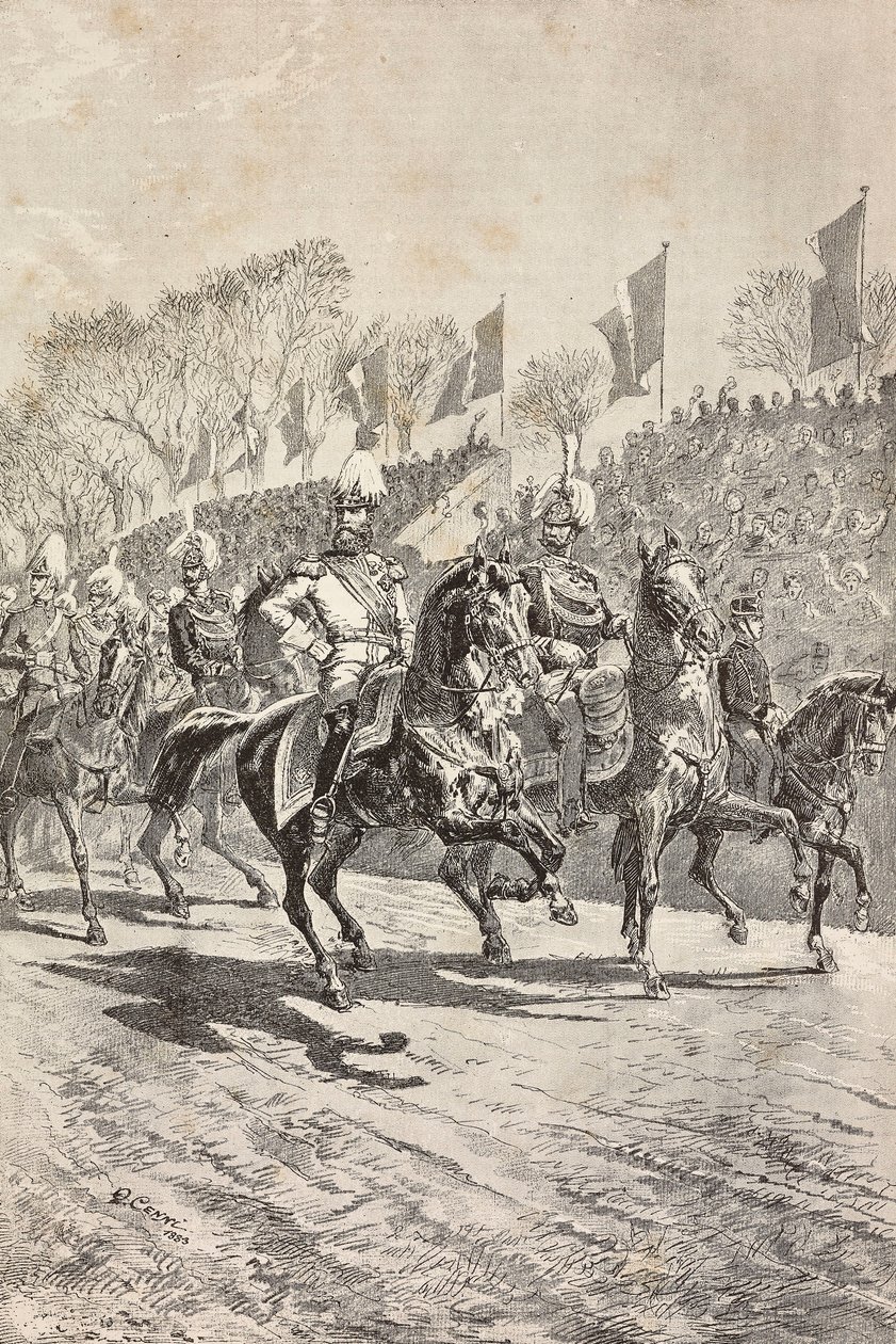 Stabschefs betreten den Paradeplatz, Feierlichkeiten zum Besuch des deutschen Kronprinzen (zukünftiger Friedrich III.) in Rom, Italien (Stich) von Quinto Cenni