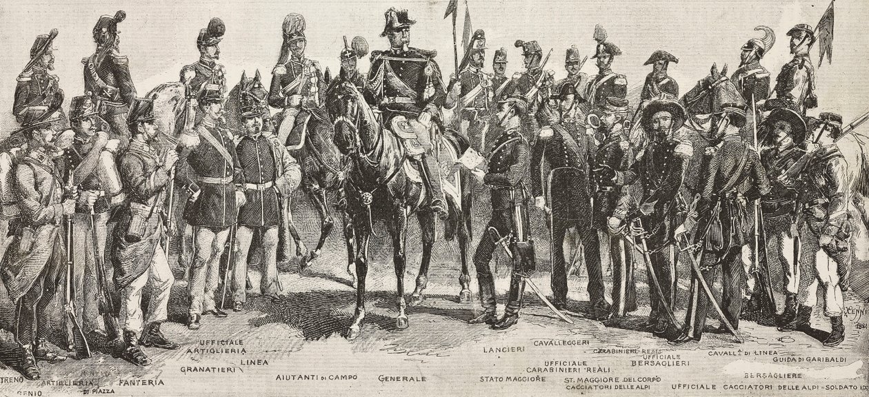Piemontesische Armee im Jahr 1859: Infanteristen, Artilleristen, Ingenieure, Grenadiere, Offiziere, Generäle, Lanzenträger, Kavalleristen, Scharfschützen von Quinto Cenni