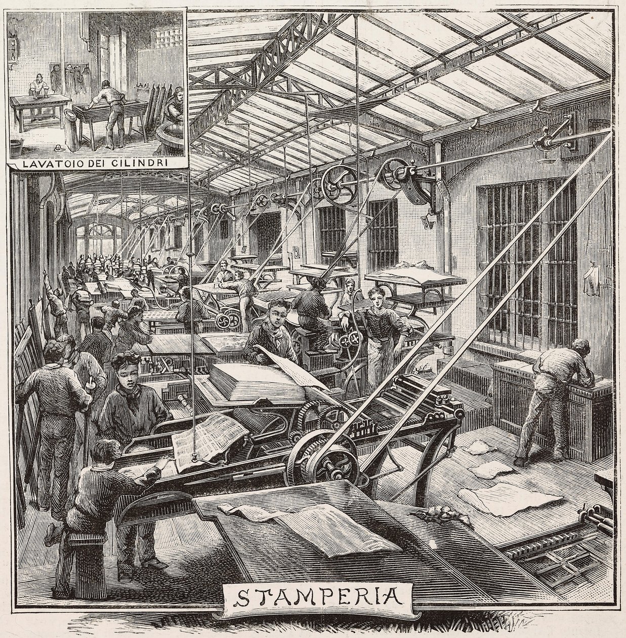 Druckerei im Verlagshaus Fratelli Treves, Mailand, Italien, Gravur nach Zeichnung von Quinto Cenni, aus L