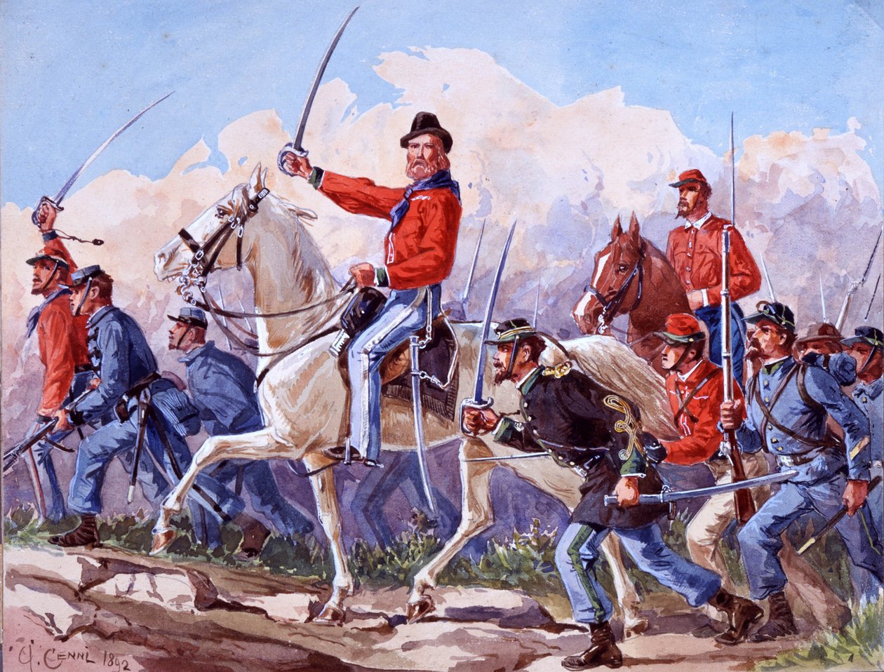Risorgimento: Die Truppen von Giuseppe Garibaldi (1807-1882) marschieren auf Rom. Aquarell von Quinto Cenni 1892 von Quinto Cenni