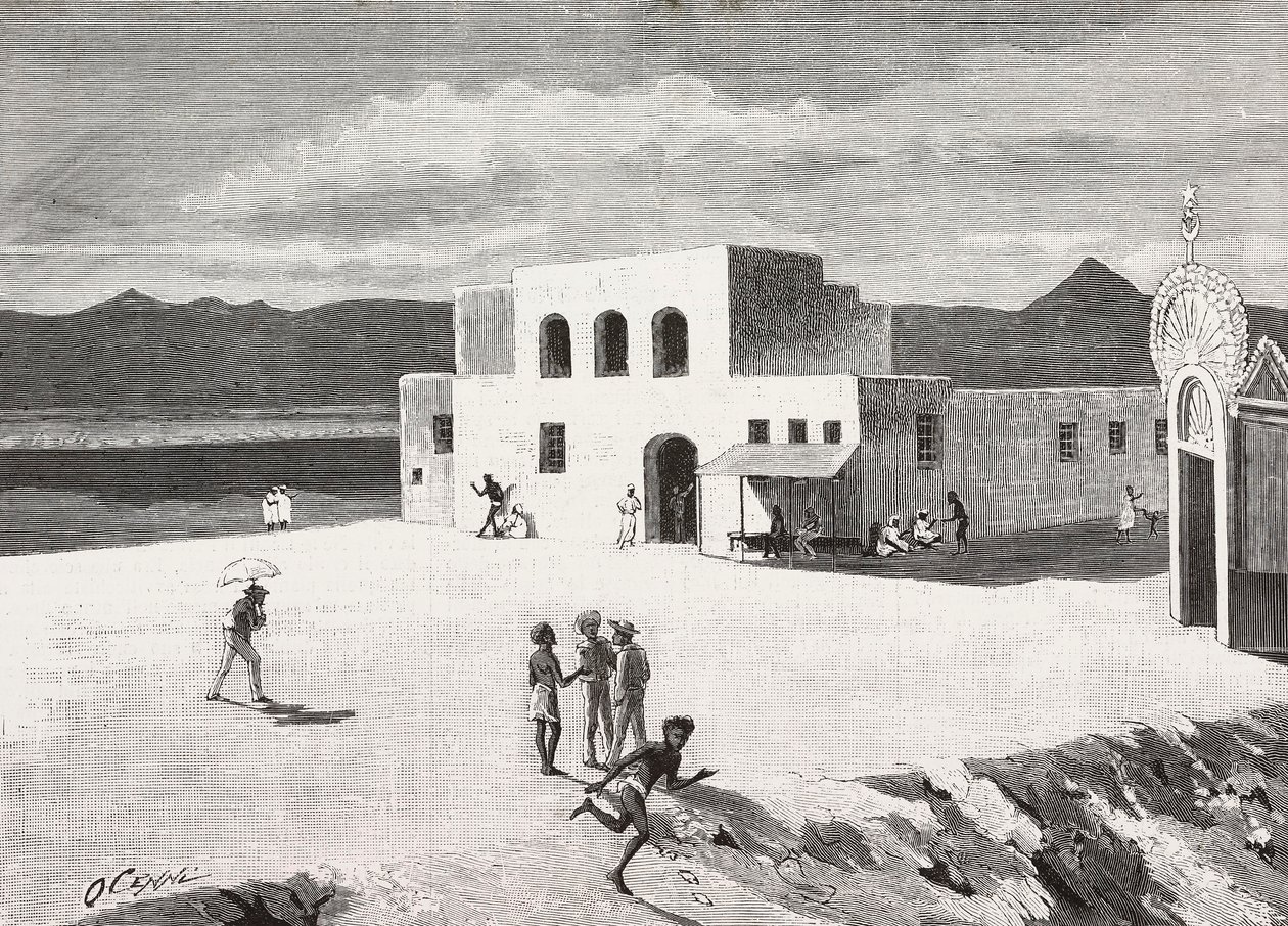 Italienisches Postgebäude, Massawa, Eritrea, Gravur nach einer Zeichnung von Quinto Cenni und einer Skizze von Pieragostini, aus L
