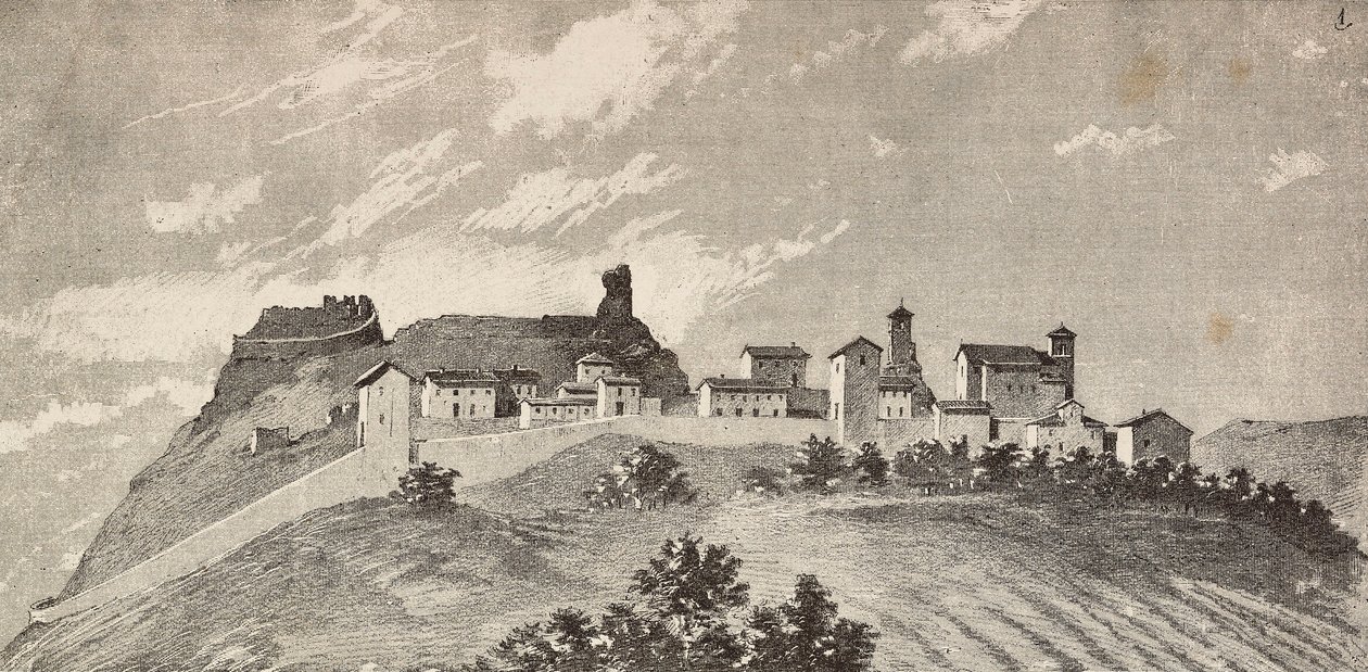 Die Stadt San Giovanni in Galilea, Italien, Gravur nach einer Zeichnung von Quinto Cenni und einer Skizze von Ulisse Topi, aus L