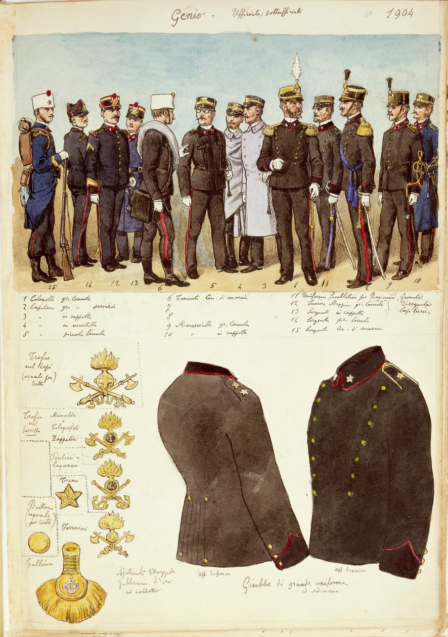 Uniformen der Genio (Ingenieure), Offiziere und Unteroffiziere des Königreichs Italien, Farbtafel von Quinto Cenni von Quinto Cenni