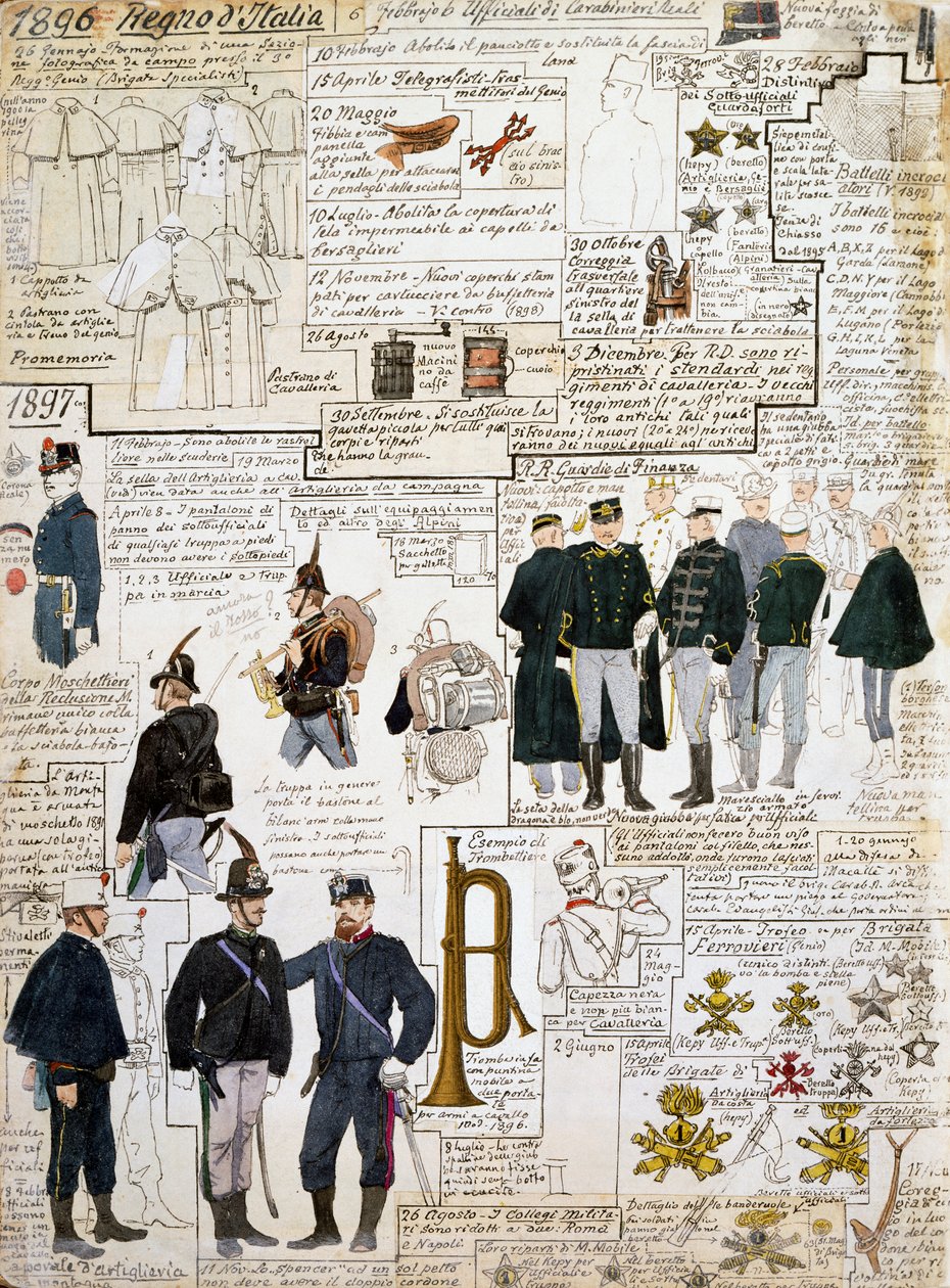 Uniformen des Königreichs Italien zwischen 1896 - 1897, Tafel aus dem Cenni-Codex, Sammlung militärischer Skizzen in Aquarell von Quinto Cenni