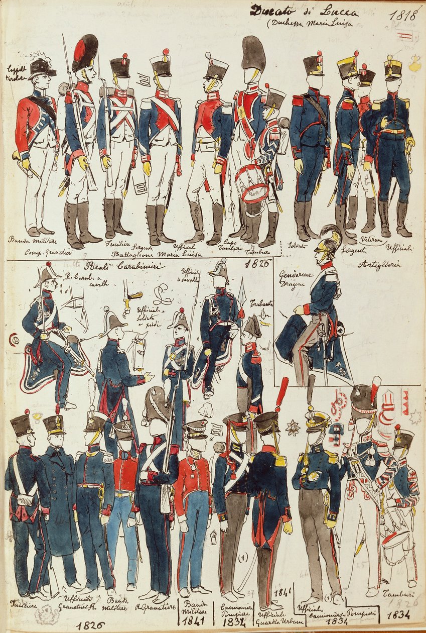 Verschiedene Uniformen des Herzogtums Lucca von Quinto Cenni, Farbtafel von Quinto Cenni