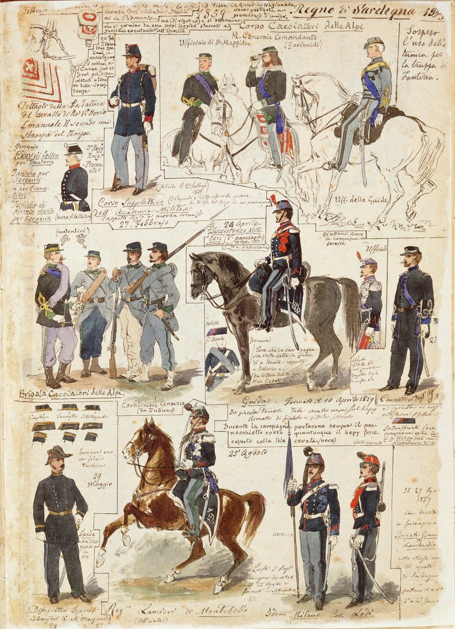 Verschiedene Uniformen des Königreichs Sardinien von Quinto Cenni, Farbtafel von Quinto Cenni