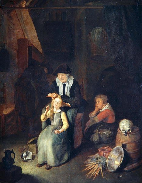 Hütteninterieur mit Frau, die einem Mädchen die Haare kämmt von Quiringh Gerritsz. van Brekelenkam