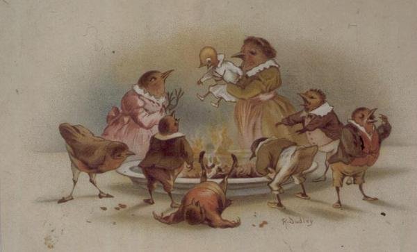 Vogelfamilie, viktorianische Weihnachtskarte von R. Dudley