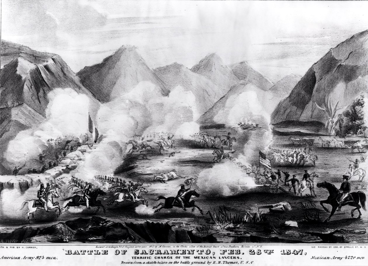 Schlacht von Sacramento: Gewaltiger Angriff der mexikanischen Lanzenreiter, 28. Februar 1847, graviert und veröffentlicht von Nathanial Currier, 1847 von R. Telfer