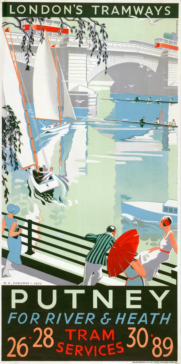 Putney, für Fluss und Heide, London County Council LCC Straßenbahnplakat von RF Fordred