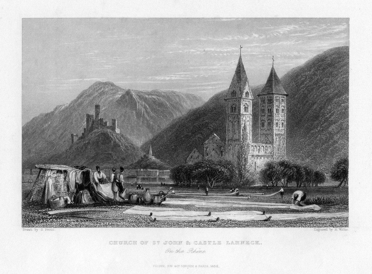 Kirche St. Johann und Burg Lahneck am Rhein, 1838 von R. Wallis