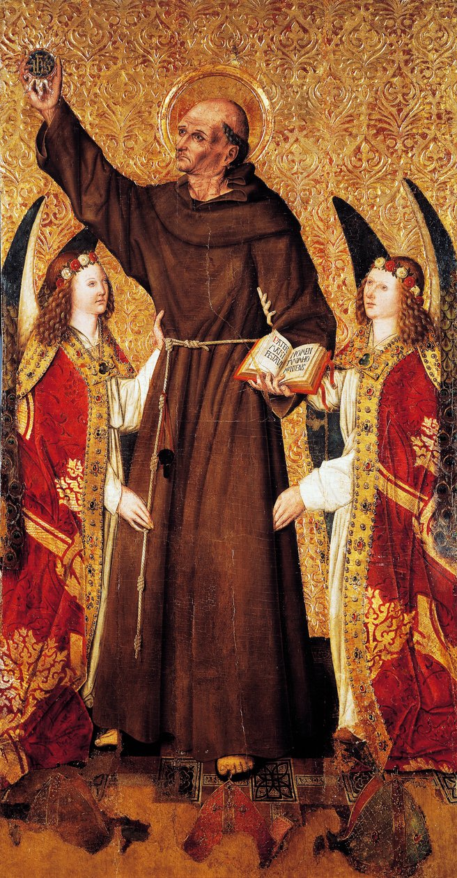 St. Bernhard und Engel, zentrale Tafel des St. Bernhard Altars von Rafael Tomas (aktiv 1455-1479), Predella von Joan Figuera (aktiv ab 1454-gestorben 1477 oder 1479), Tempera auf Tafel, 398,9x253 cm von Rafael & Figuera Joan (active c.1454 1477) Tomas