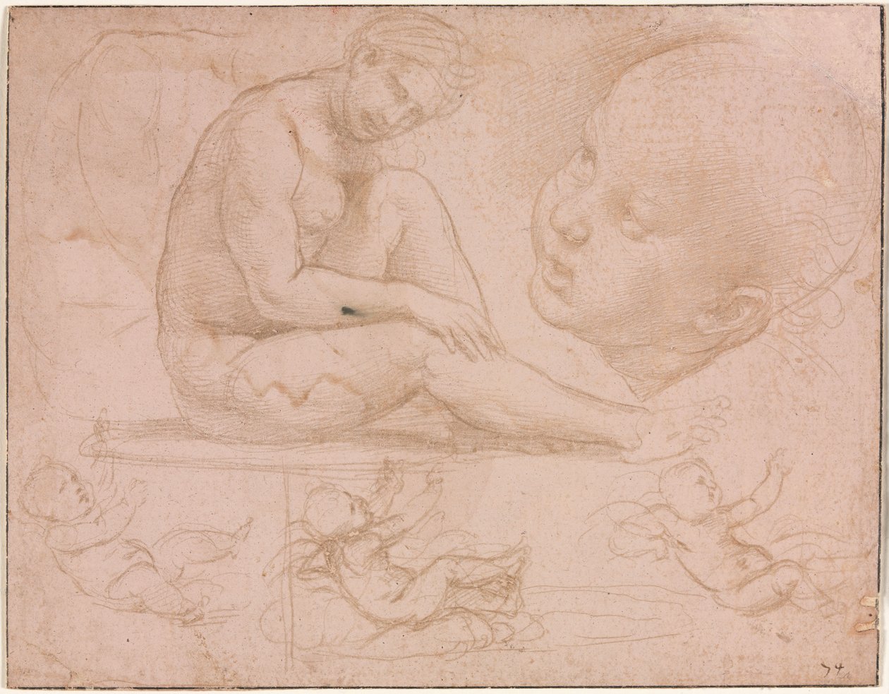 Studien einer sitzenden Frau, Kinderkopf und drei Studien eines Babys, ca. 1507-8 von Raffaello Sanzio Raphael