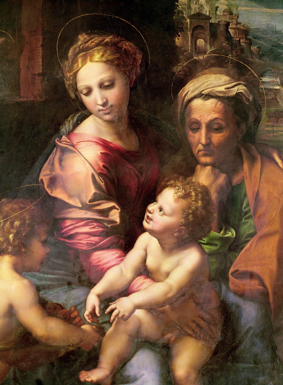 Die Heilige Familie (oder Die Perle), Detail: die Jungfrau, Heilige Elisabeth und das Kind, ca. 1518 von Raffaello Sanzio Raphael