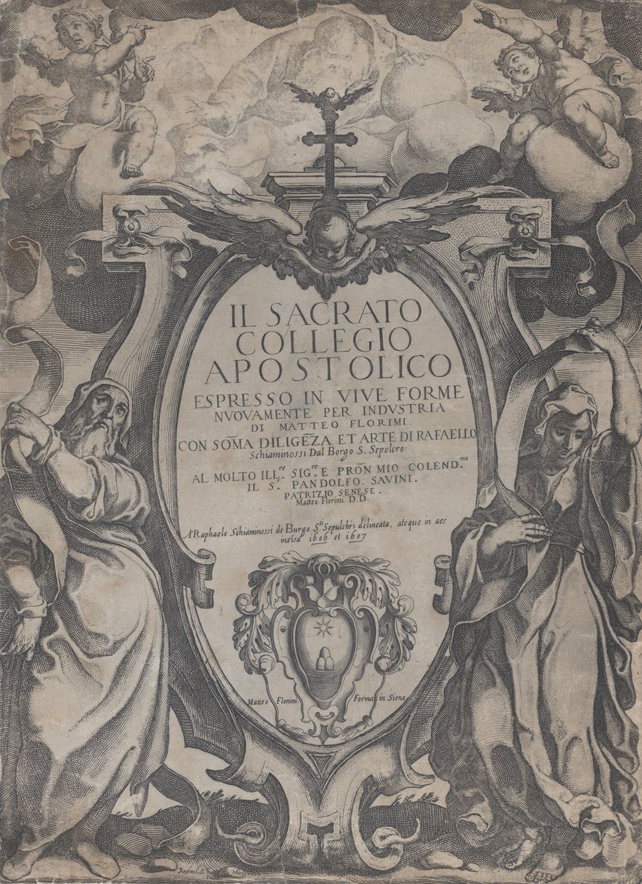 Frontispiz mit zwei Figuren, die Schriftrollen halten, und Putten, die das Kartusche flankieren von Raffaello Schiaminossi
