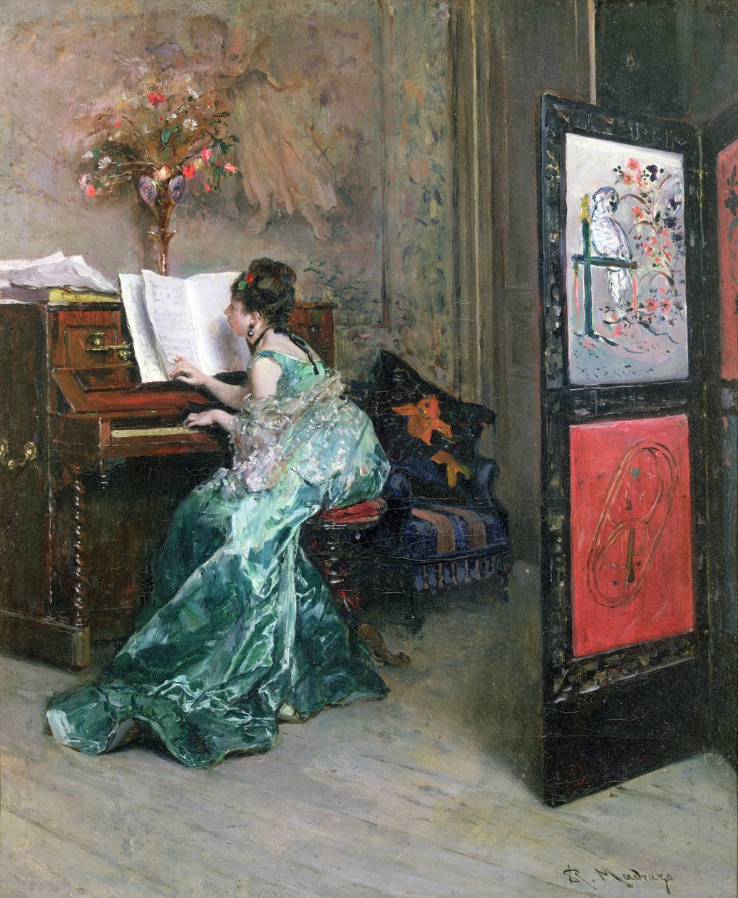 Dame spielt Klavier im Innenraum von Raimundo de Madrazo y Garreta