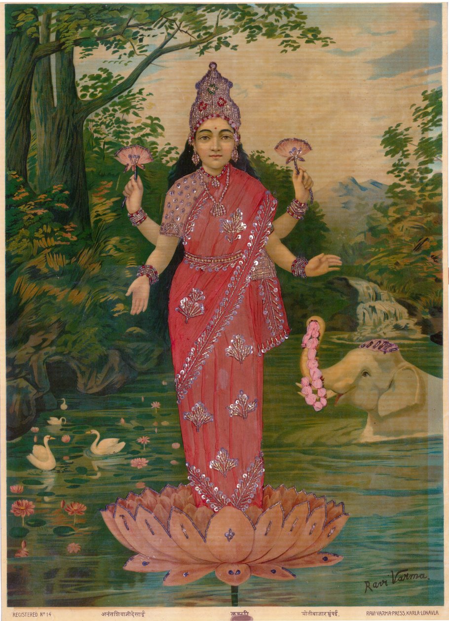 Lakshmi Verziert, von Ravi Varma Press, bearbeitet von Raja Ravi Varma