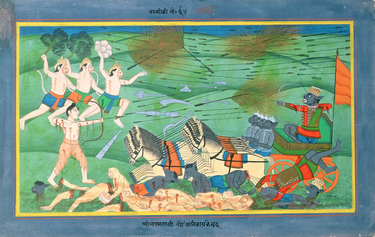 Die Schlacht von Lanka, zwischen Rama und Ravana, König der Rakshasas, aus dem Ramayana, frühes 19. Jahrhundert von Rajasthani School