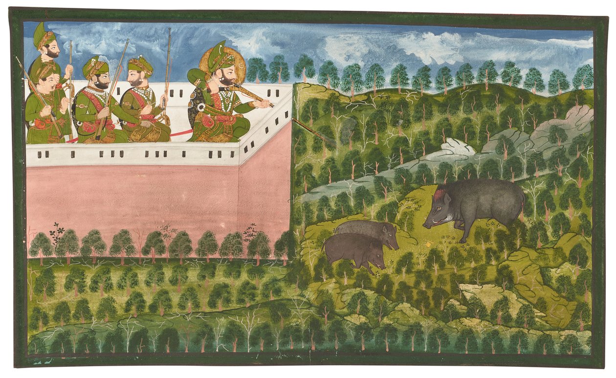 Ein Gemälde von Maharana Jawan Singh bei der Wildschweinjagd von Rajasthani School