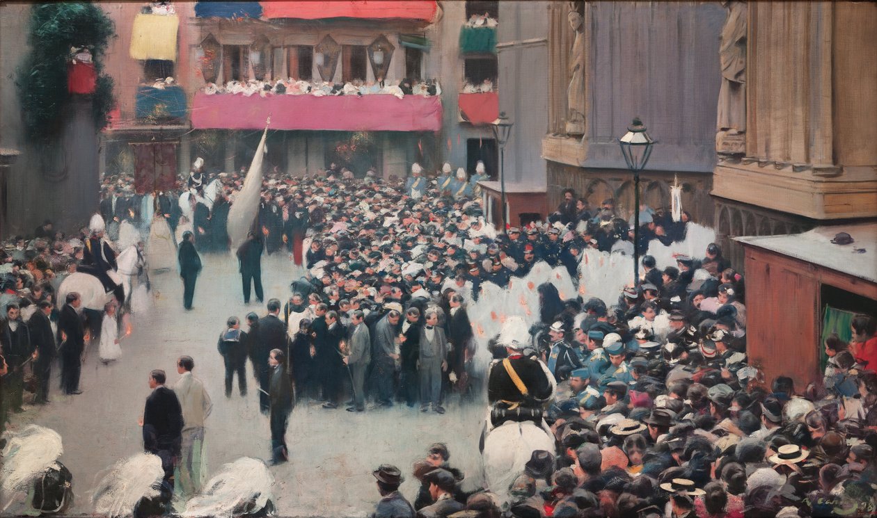 Die Fronleichnamsprozession verlässt die Kirche Santa Maria del Mar von Ramon Casas i Carbo