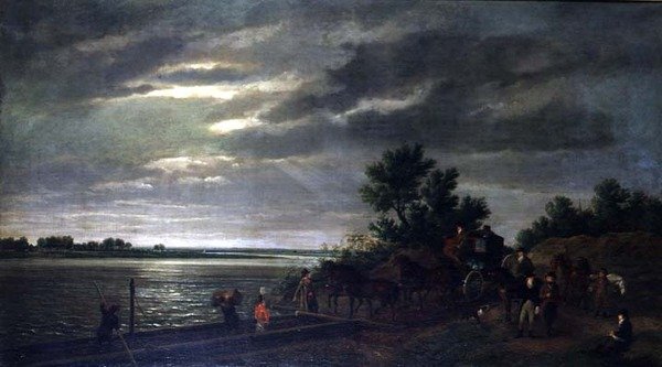 Eine Kutsche und Pferde, die nachts in Holland auf der Leck in eine Fähre einsteigen von Ramsay Richard Reinagle