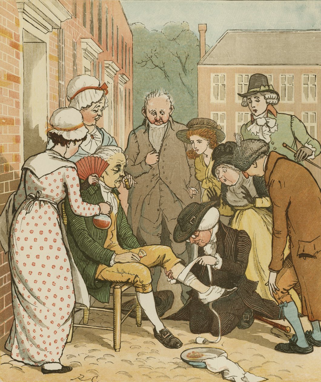 Eine Elegie auf den Tod eines verrückten Hundes von Oliver Goldsmith. Nachbarn verbinden den Biss des guten Mannes von Islington. Illustration von Randolph Caldecott von Randolph Caldecott
