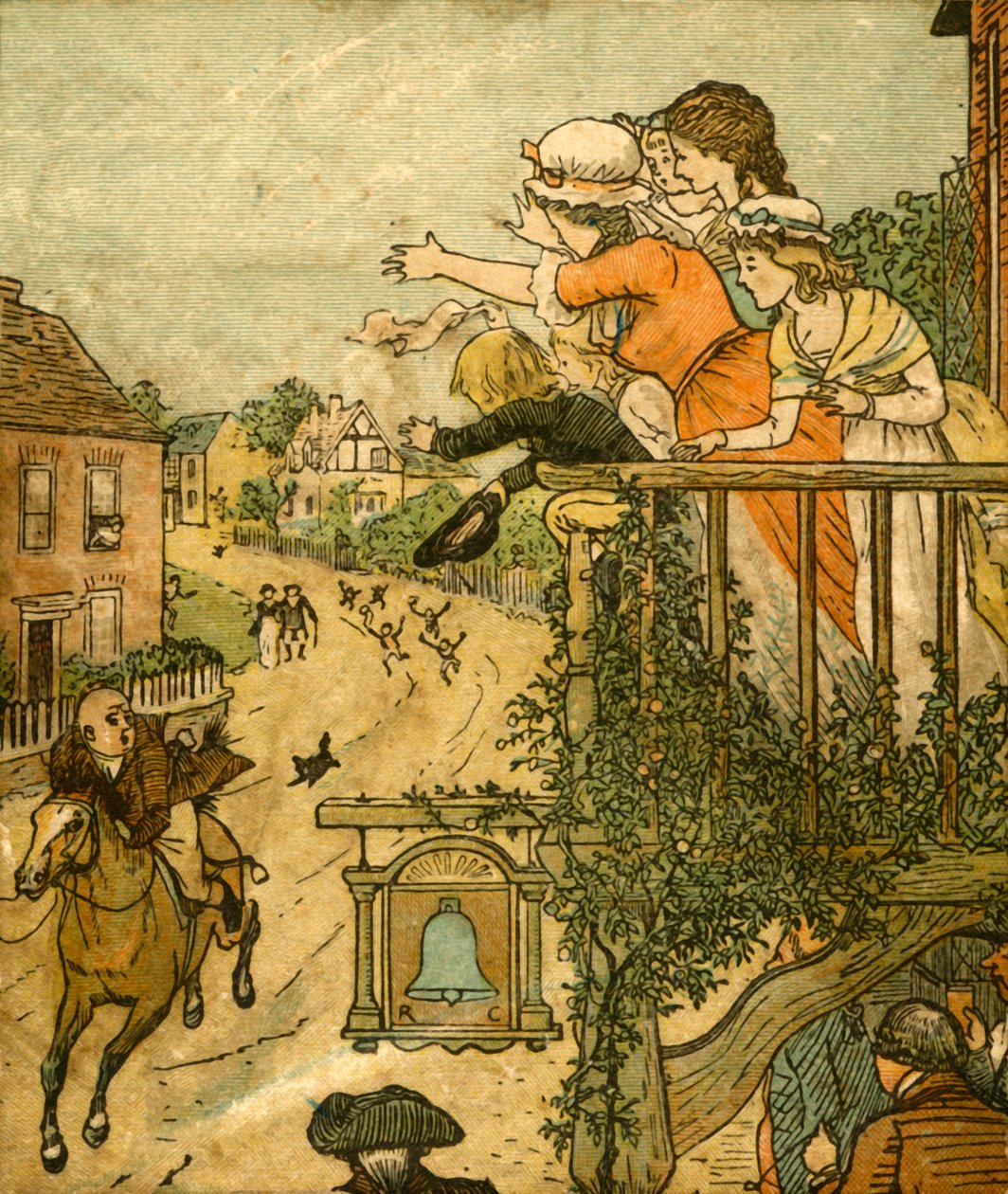John Gilpin galoppiert am Bell Inn vorbei, während seine Frau und Kinder vom Balkon winken von Randolph Caldecott