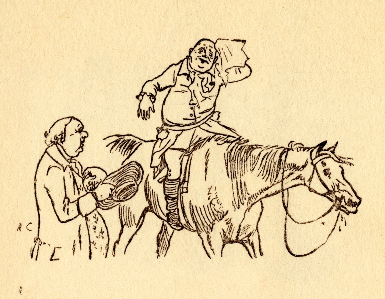 John Gilpin wischt sich den schweißnassen Stirn mit einem Taschentuch ab von Randolph Caldecott