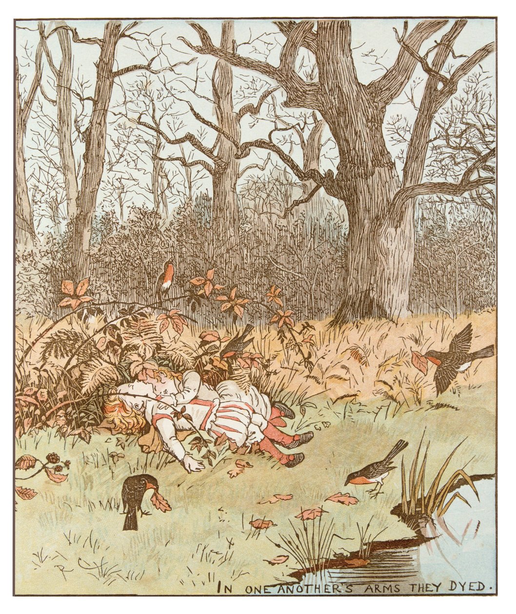 Die Kinder im Wald. Waisenkinder werden von Schurken, die vom bösen Onkel angeheuert wurden, ermordet. Ein Schurke bereut und tötet den anderen, dann lässt er die Kinder im Wald zurück, wo sie sterben und von Rotkehlchen mit Blättern bedeckt werden. Illust von Randolph Caldecott