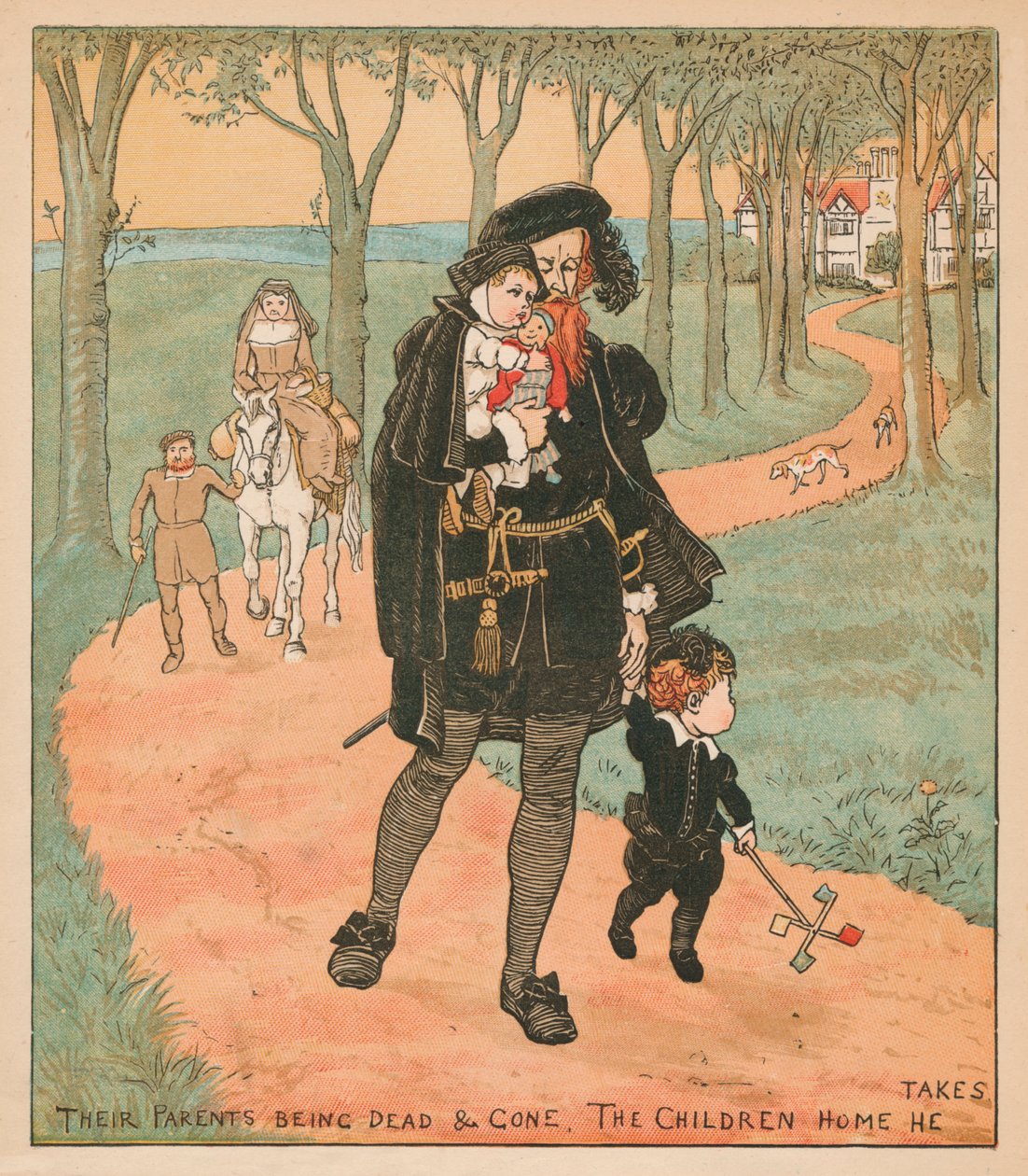 Ihre Eltern sind tot und fort, die Kinder nimmt er nach Hause, ca. 1878 von Randolph Caldecott