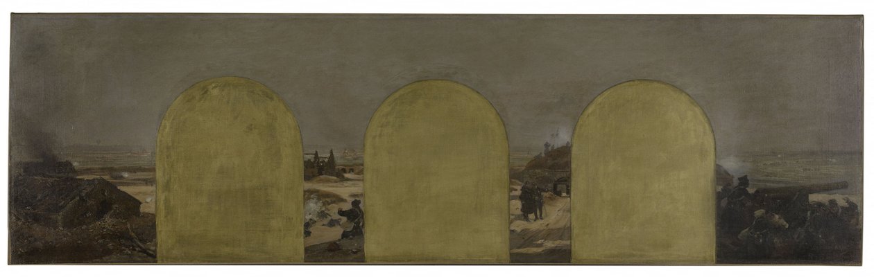 Skizze für das Kabinett des Präfekten des Pariser Rathauses: Eine Batterie an den Wällen: Die Belagerung von Paris 1870 von Raoul Joseph Arus