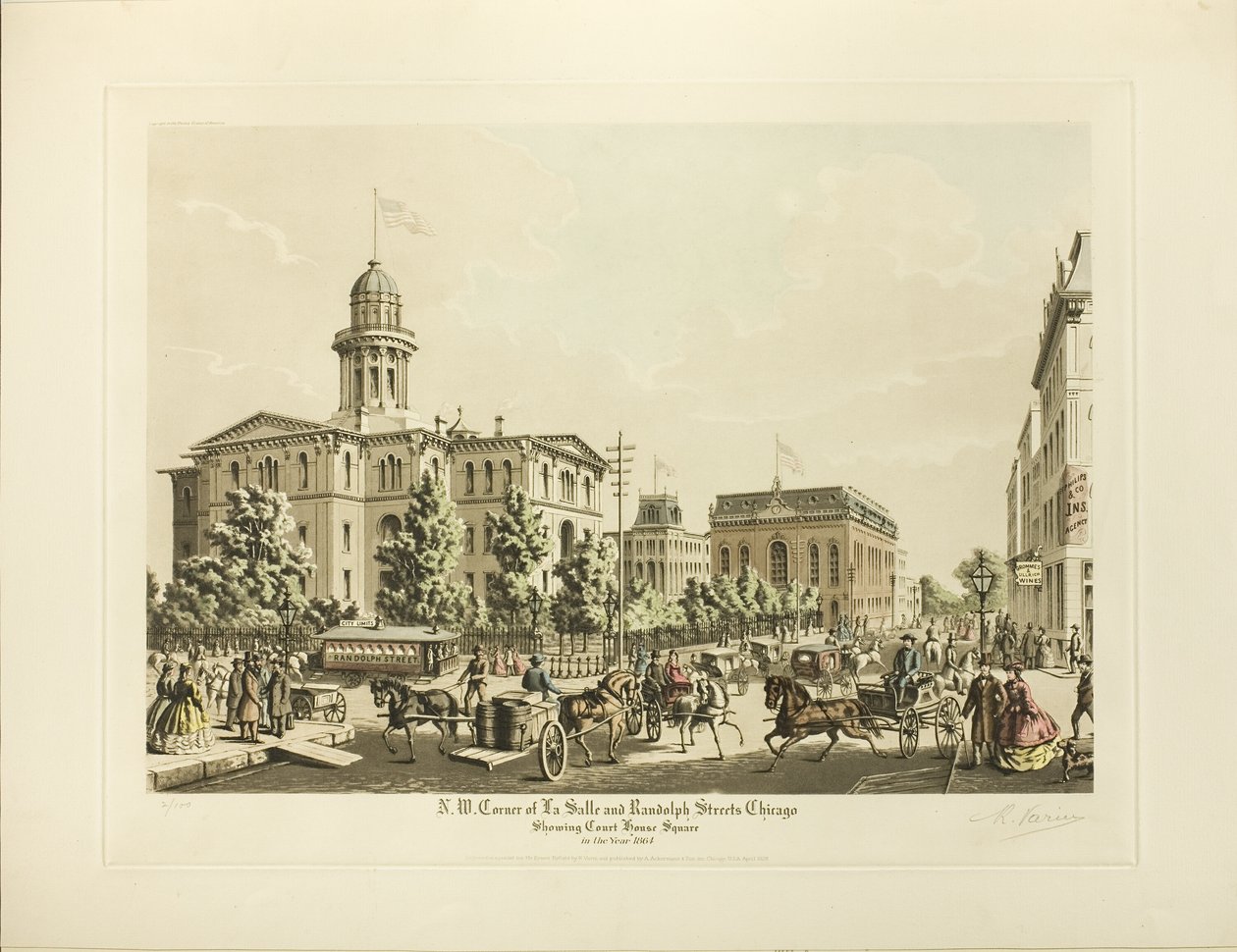 NW-Ecke von LaSalle und Randolph, Chicago, zeigt den Court House Square im Jahr 1864 von Raoul Varin