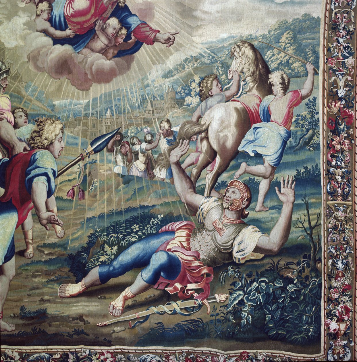 Wandteppich, der die Taten der Apostel darstellt, die Bekehrung des Heiligen Paulus, Detail des Heiligen Paulus, der ausgestreckt auf dem Boden liegt, die Arme zum Himmel erhoben, gewebt in der Beauvais-Werkstatt unter der Leitung von Philippe Behagle von Raffaello Sanzio Raphael