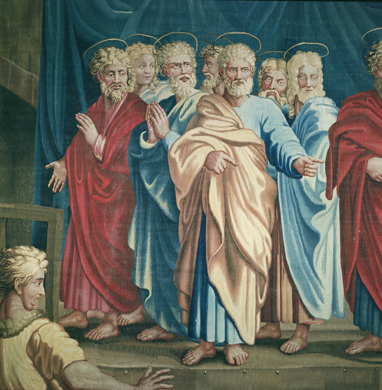 Wandteppich, der die Taten der Apostel darstellt, der Tod des Ananias, Detail des Heiligen Paulus und der Apostel, gewebt in der Beauvais-Werkstatt unter der Leitung von Philippe Behagle von Raffaello Sanzio Raphael