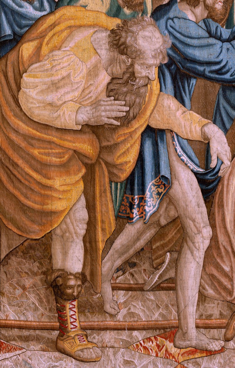 Flandrischer Wandteppich. Serie Taten der Apostel. Paulus und Barnabas in Lystra. Achter Wandteppich in der Serie, er wurde in zwei Teile geteilt, um ihn an den Raum anzupassen. Modellzeichnung von Rafael Sanzio. Herstellung Jan Raes, Brüssel. 1519. von Raphael