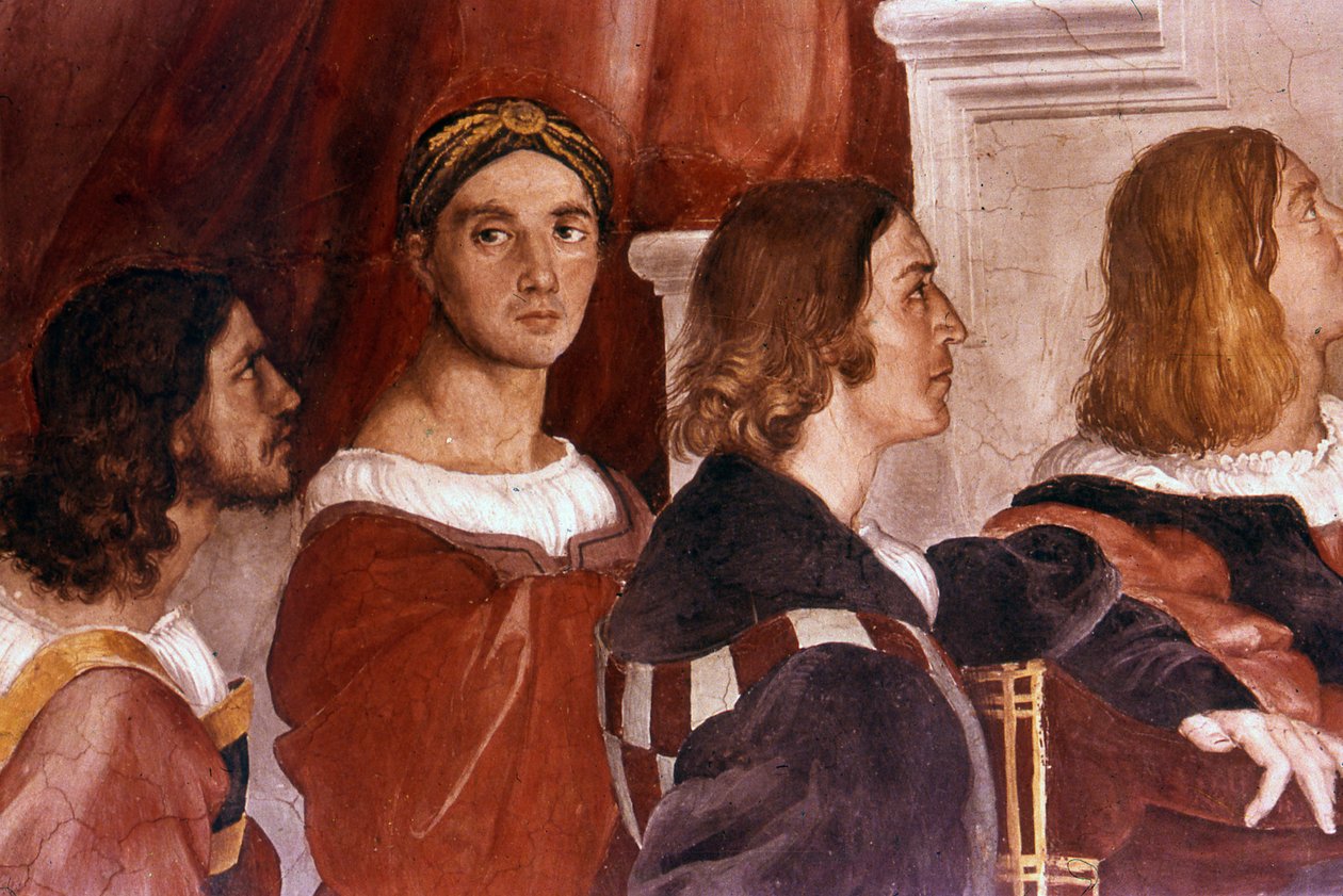 Detail von Raphael (Mitte, nach vorne blickend) aus der Messe von Bolsena. 1514. Fresko von Raphael (1483-1520) von Raphael (1483-1520)