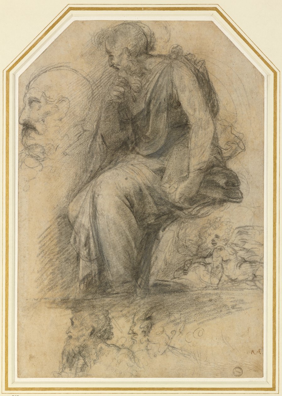 Ein männlicher Heiliger, sitzend (St. Paulus): Studie für die Disputa, WA1846.189 (Kohle mit Weißhöhung) von Raphael