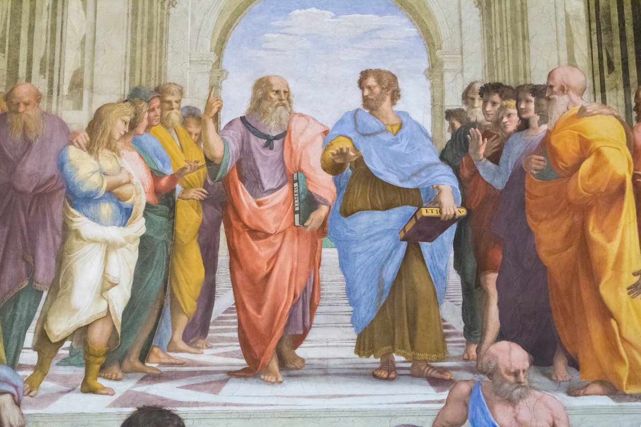 Aristoteles und Plato: Detail aus der Schule von Athen in der Stanza della Segnatura von Raphael (1483-1520)