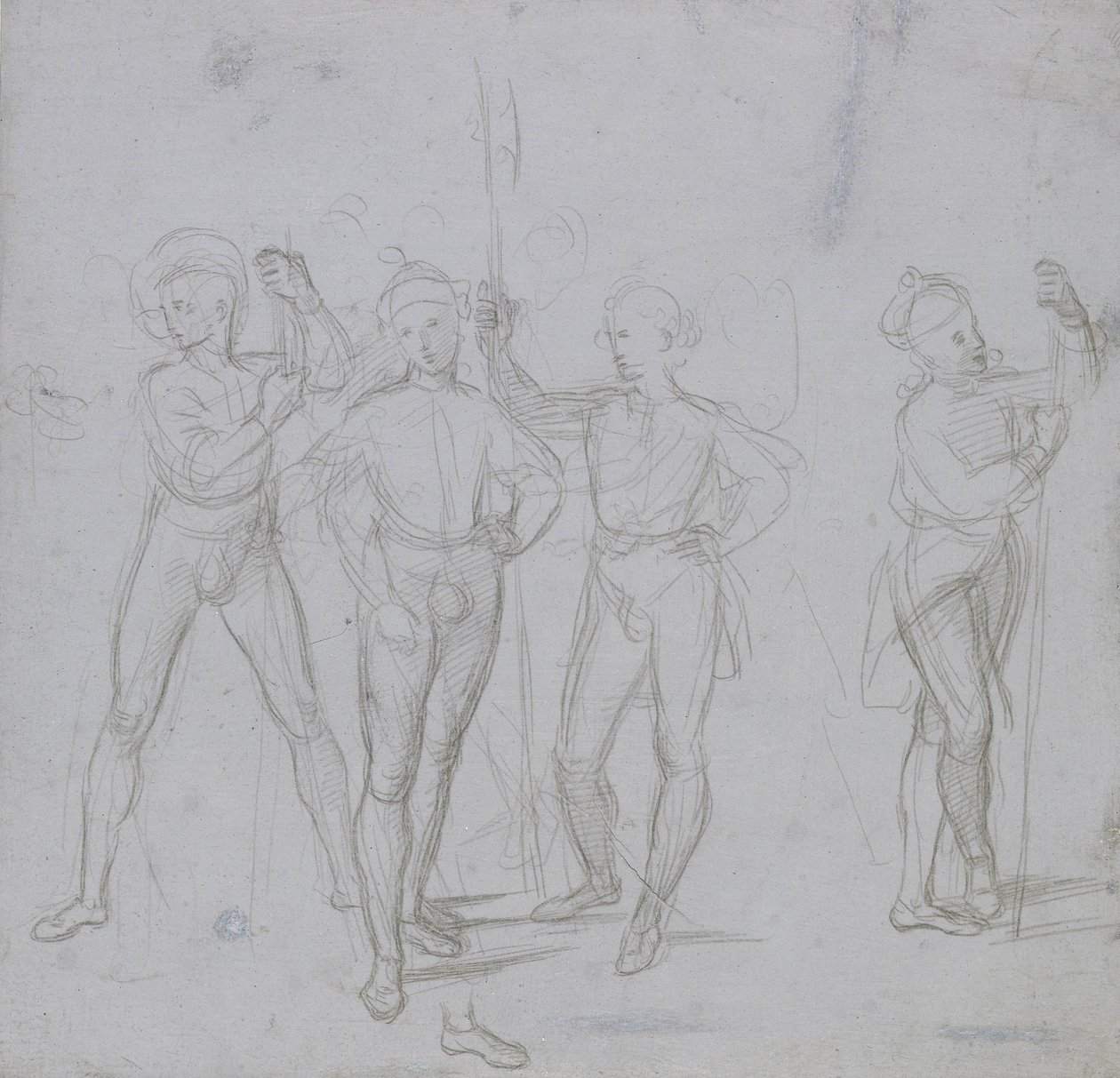 Gruppe von vier stehenden Soldaten (Silberstift auf blau-grauer Vorbereitung auf cremefarbenem Papier) von Raphael