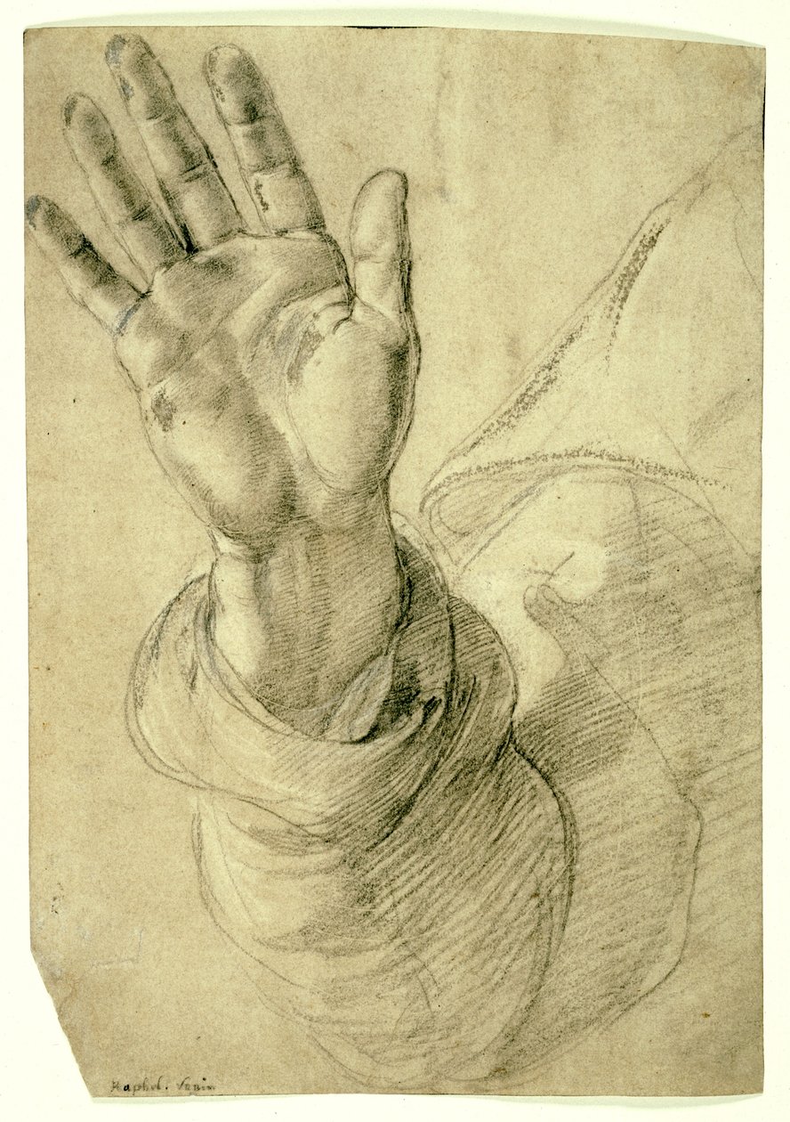 Erhobene rechte Hand, mit nach außen gerichteter Handfläche: Studie für den heiligen Petrus, 1518-20 von Raphael