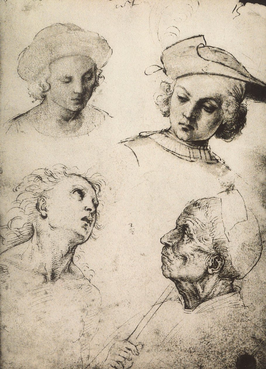 Studie von vier männlichen Gesichtern; Zeichnung von Raphael. Gallerie dell