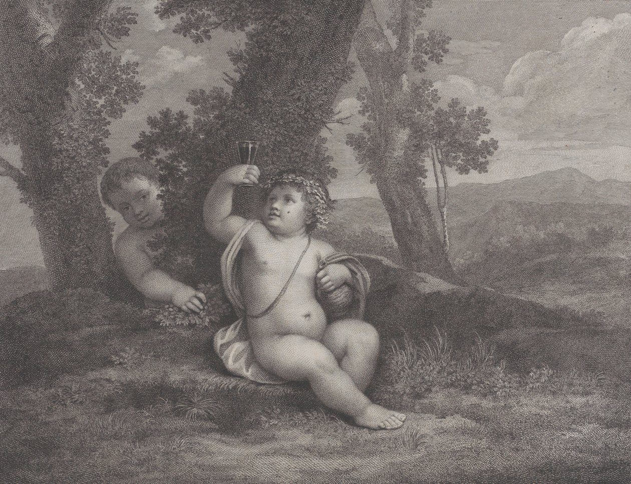 Der kleine Bacchus sitzt unter einem Baum und hält ein Weinglas hoch, mit einem weiteren Kind dahinter, 1780 von Raphael Morghen