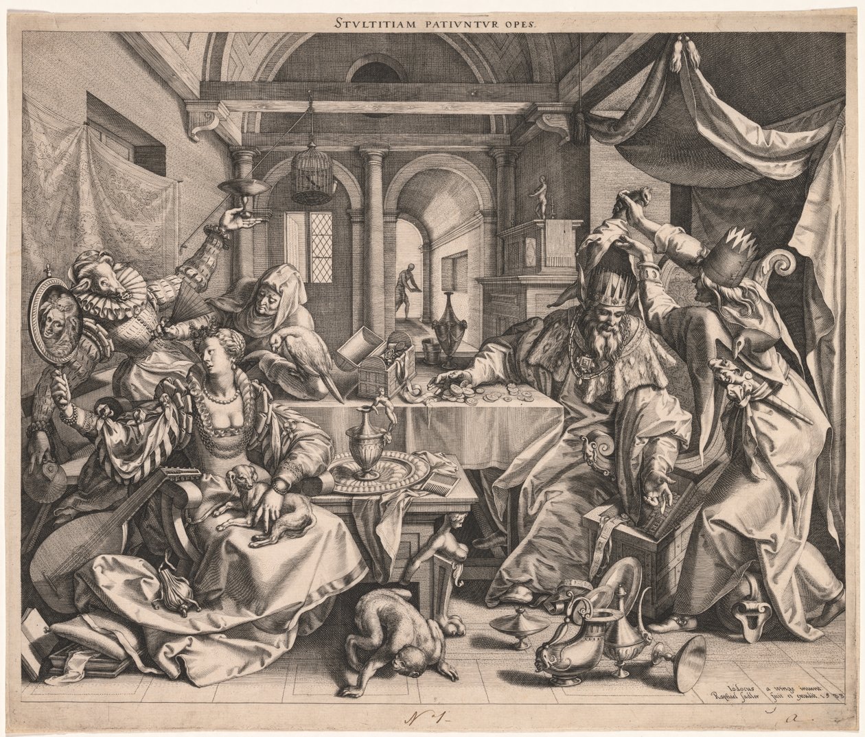Stultitiam patiuntur opes (Reichtum erlaubt Dummheit), oder, Allegorie von Reichtum, Lust und Dummheit von Raphael Sadeler