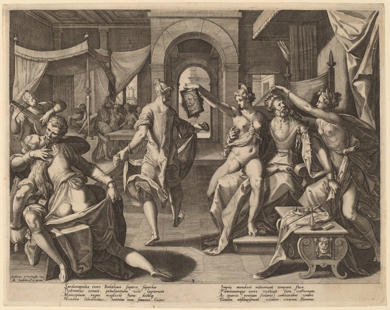 Sardanapalus unter den Konkubinen von Raphael Sadeler I after Joos van Winghe