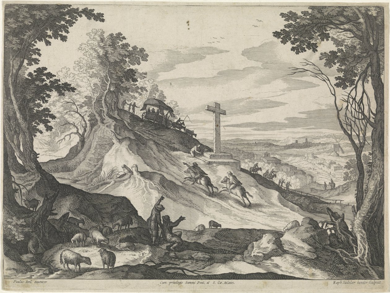Landschaft mit einem Kreuz auf einem Hügel von Raphaël Sadeler (II)