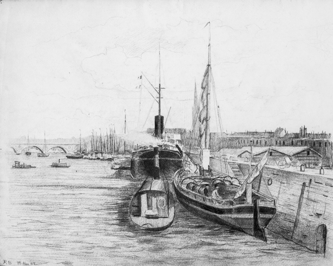 Boote im Hafen von Bordeaux, um 1900 von Raymond Bonnefon