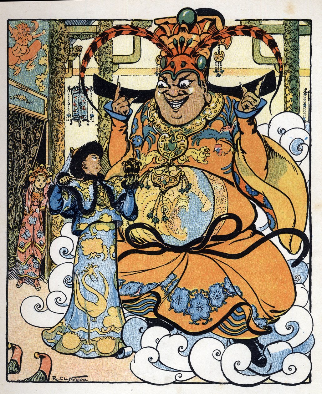 Aladdin, Prinzessin Badroulboudour und der Geist vor dem Körper des afrikanischen Magiers: Illustration für das Märchen 