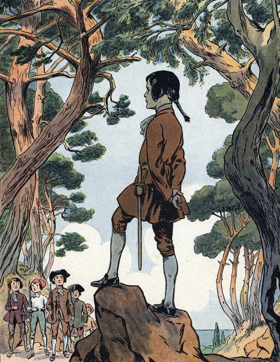 Napoleon Bonaparte (1769-1821) als Kind in Ajaccio, Korsika. Illustration von Raymond de Neziere in „Unsere nationalen Ruhmestaten“, 1920 von Raymond de la Neziere