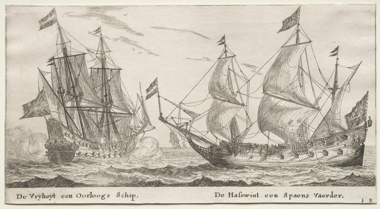 Schiffe von Amsterdam: Die Freiheit, ein Kriegsschiff. Der Wolfshund, ein spanisches Schiff von Reinier Nooms
